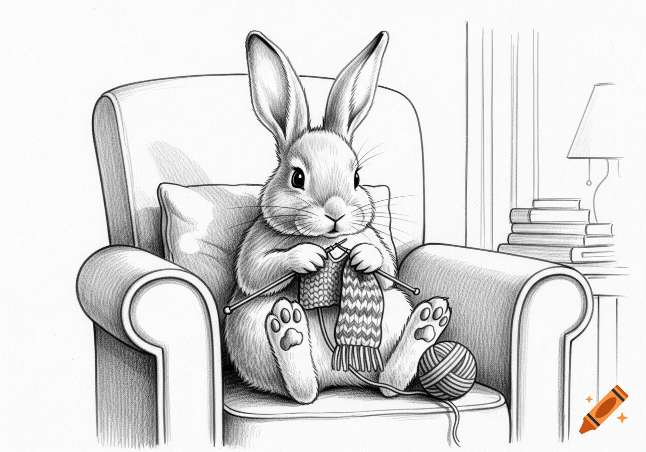 A black and white pencil drawing of a rabbit sitting in an armchair, knitting a striped scarf with yarn next to it.