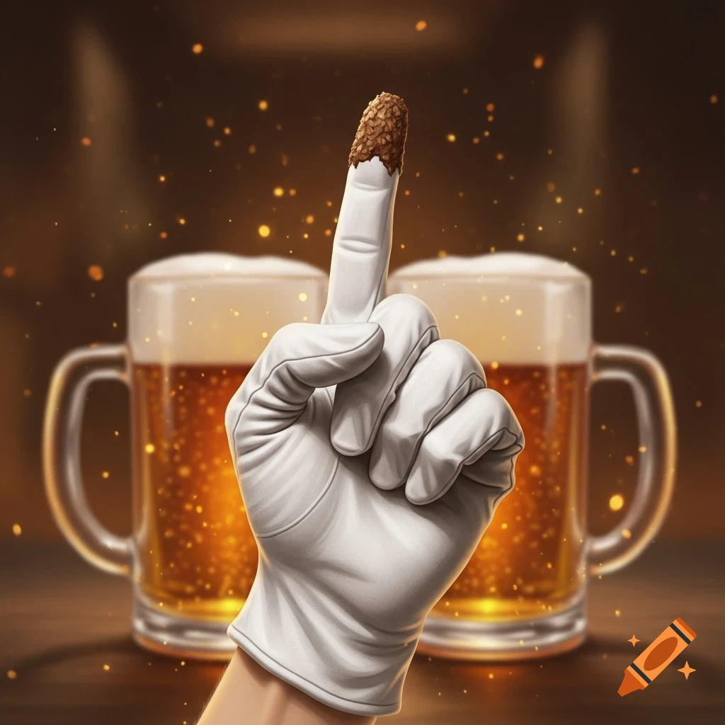 A white gloved hand with a brown, textured index fingertip points upwards in front of two out-of-focus beer mugs.
