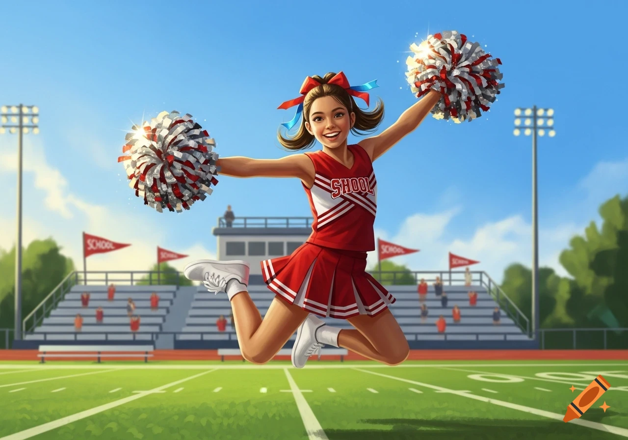 A smiling cartoon cheerleader in a red uniform with pom-poms jumps on a football field in front of stadium bleachers under a blue sky.