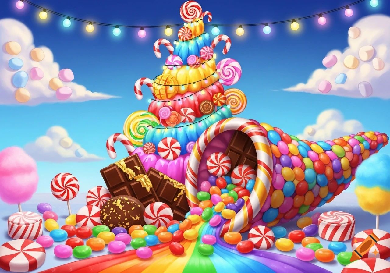 Vibrant illustration of a candy land with a towering candy tree, a cornucopia spilling colorful sweets, lollipops, chocolate, and cotton candy, under string lights.