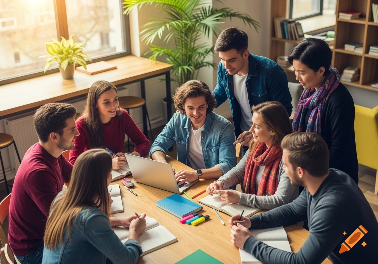 A diverse group of university students collaborating around a table with a laptop and books in a modern study space.