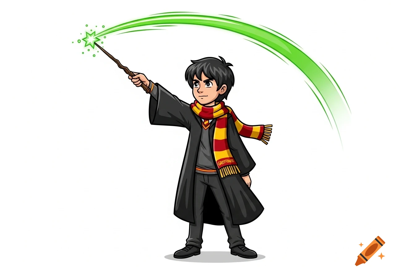 Cartoon young wizard in black robe and red and gold Gryffindor scarf, pointing a wand with a green magic beam.