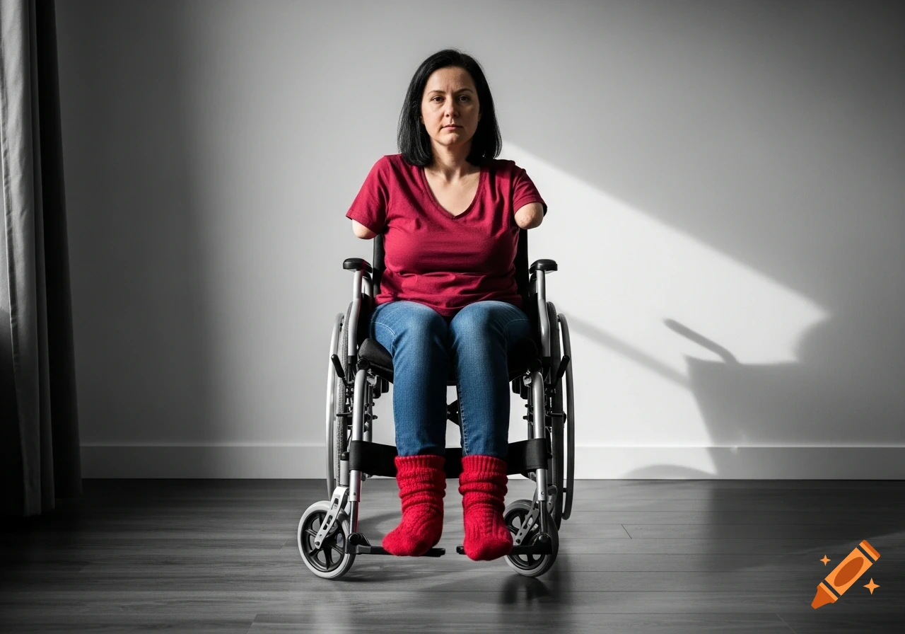 A woman with arm stumps sits in a wheelchair wearing red socks, in a stark room.
