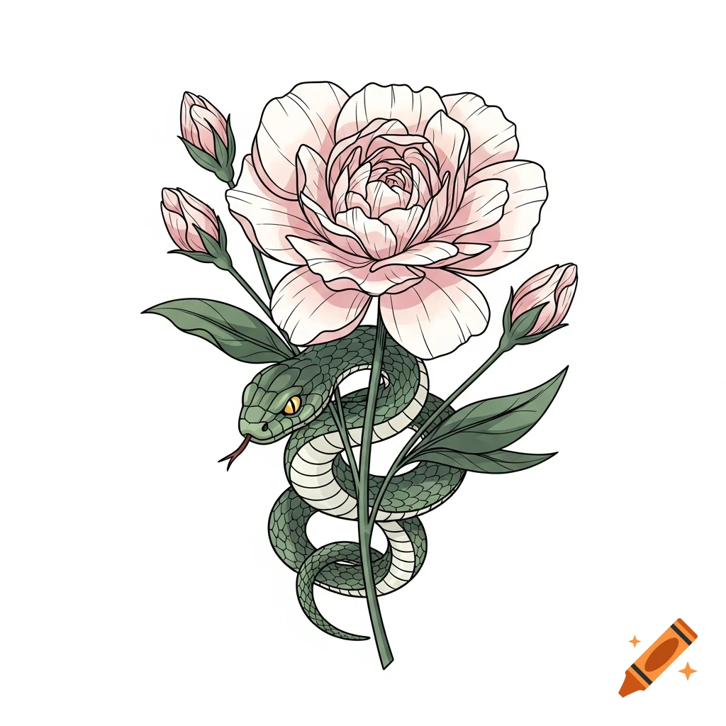 A stylized illustration of a green snake coiled around the stem of a pink peony flower with buds.