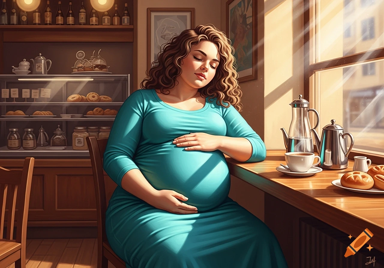 A pregnant woman in a teal dress rests her hands on her belly at a sunlit cafe table, with pastries and teapots nearby.