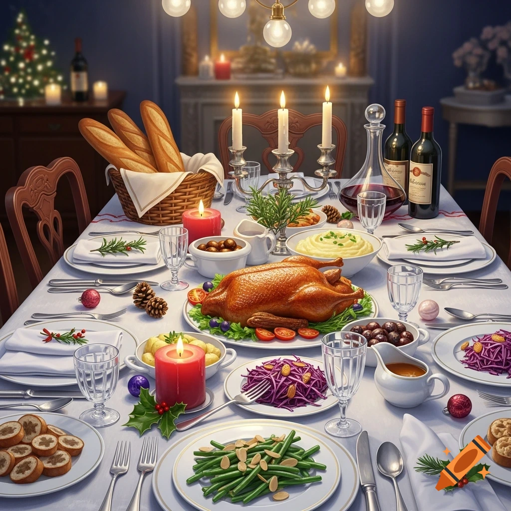 A festive Christmas dinner table set with a roasted turkey, baguettes, wine bottles, and side dishes, lit by candles.