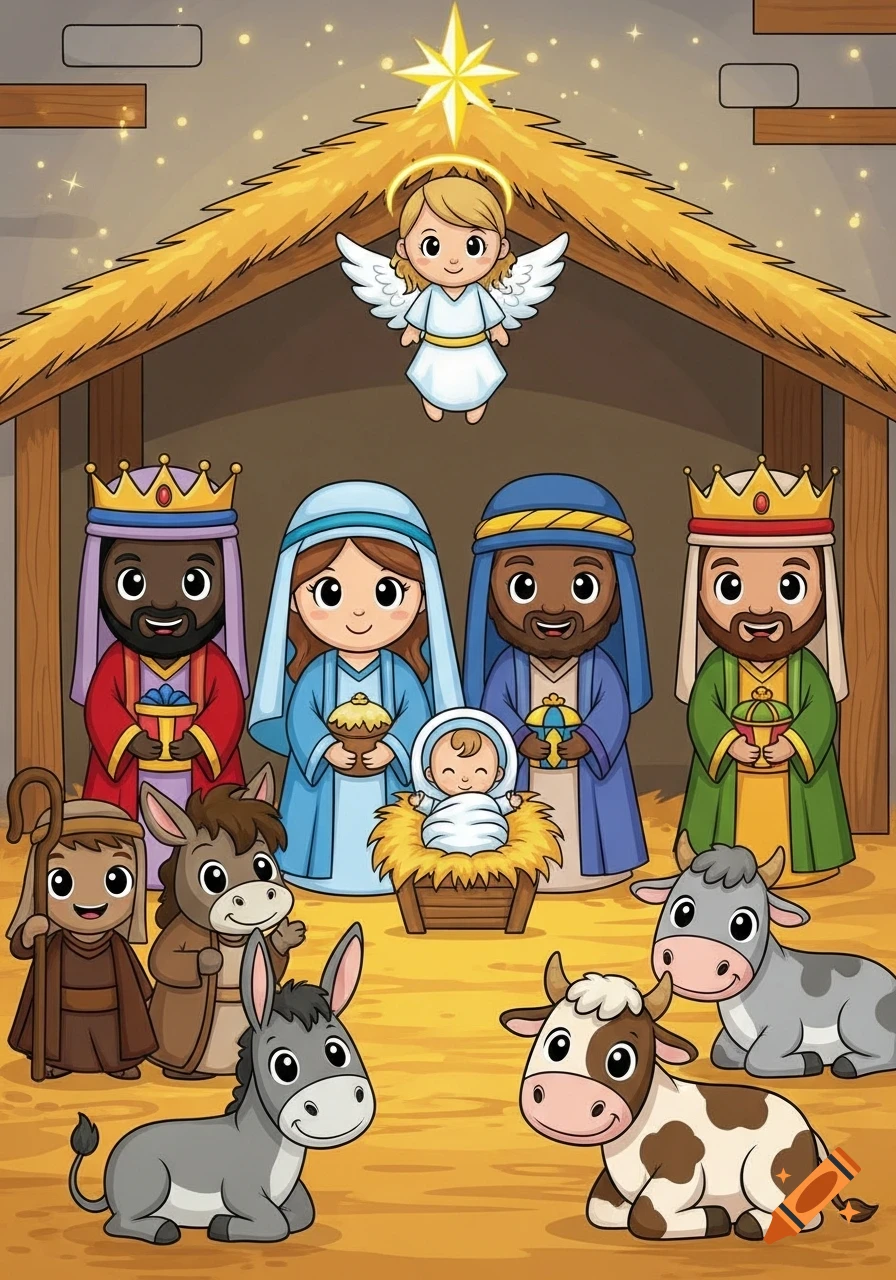 A colorful cartoon Nativity scene depicting Mary, Joseph, baby Jesus in a manger, three Wise Men, a shepherd, a flying angel, a donkey, and two cows in a stable.