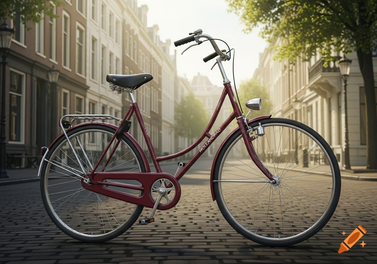 A red Hollandrad bicycle stands on a cobblestone street with old European buildings in the background, in a photorealistic style.