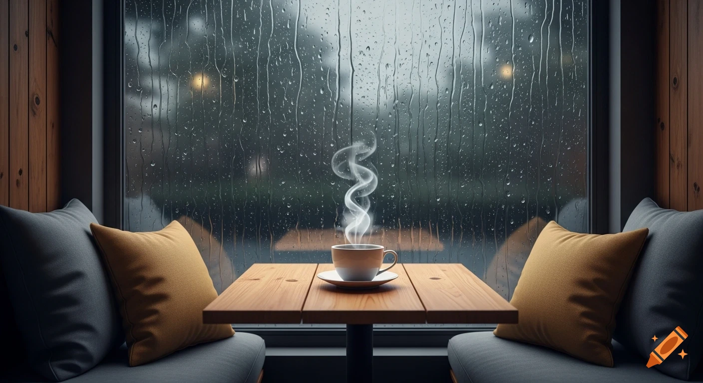 A cup of steaming coffee sits on a wooden table between two chairs with pillows, looking out a window covered in raindrops on a gloomy day.