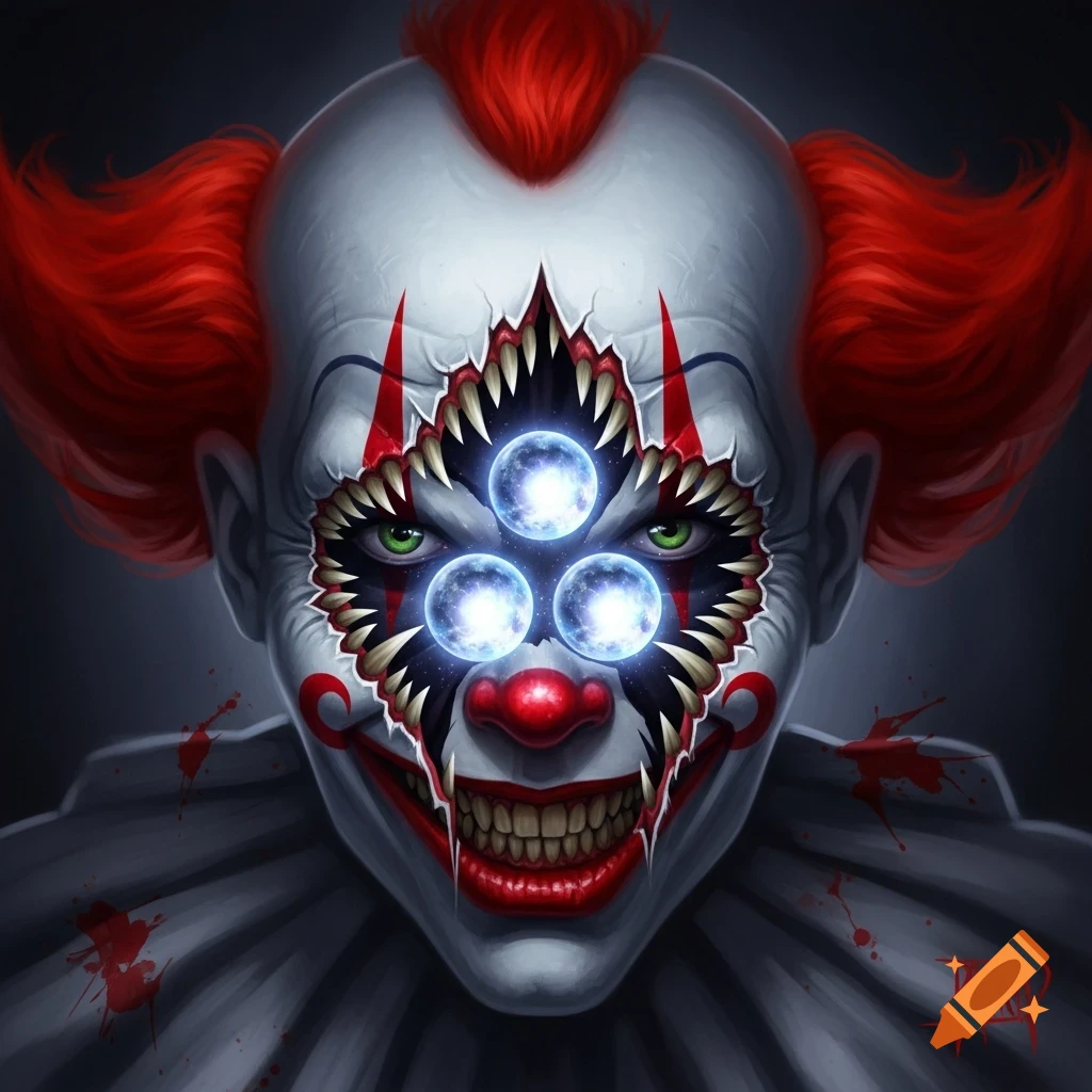 A creepy clown with red hair, green eyes, and white makeup. Its face splits open to reveal a maw of sharp teeth and three glowing blue orbs.