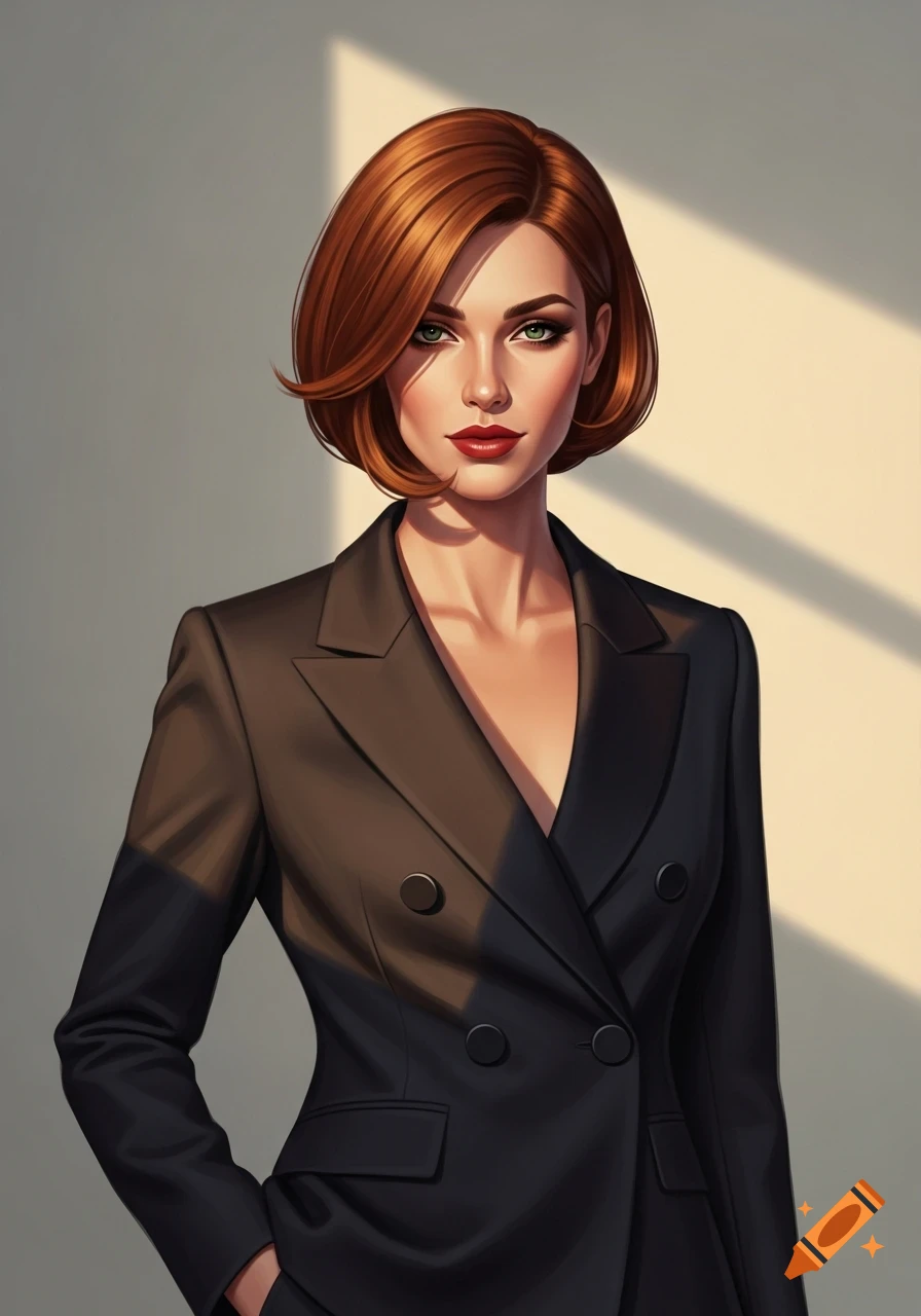 Digital art portrait of a woman with short red hair, green eyes, and red lips, wearing a dark suit jacket, backlit by a window shadow.