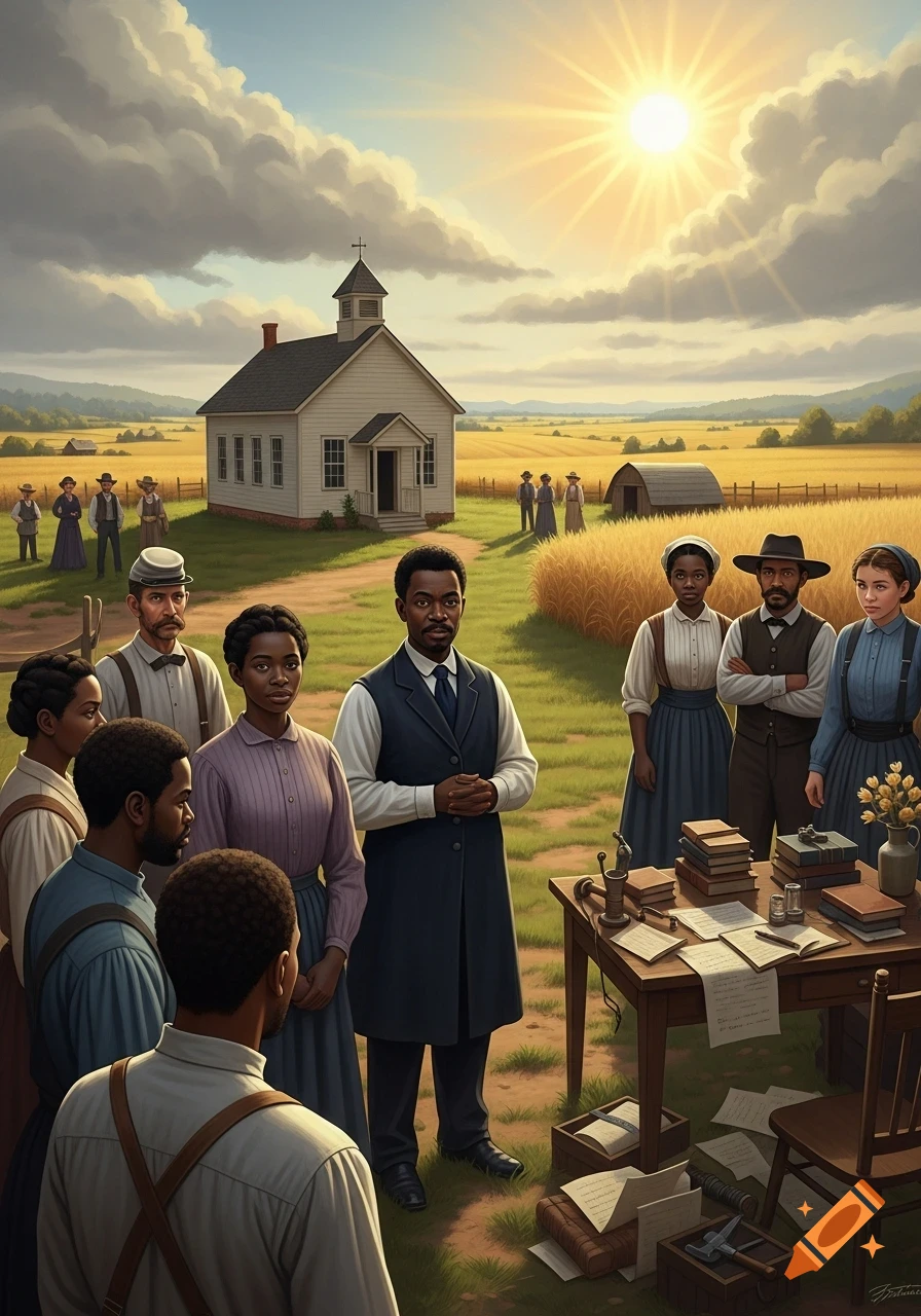 An illustration shows a group of African Americans, one man speaking, gathered around a table with books in a field with a schoolhouse under a bright, cloudy sky.
