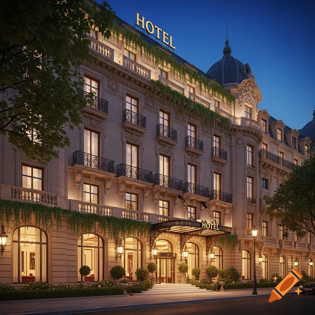 A grand hotel building illuminated at dusk with ornate architecture, balconies, and green vines, framed by dark trees.