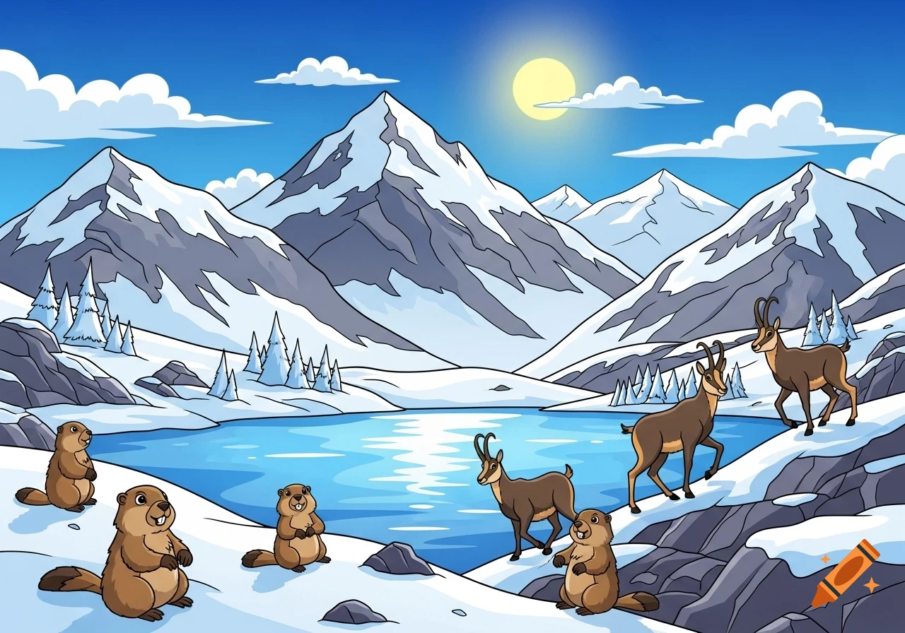 A vibrant cartoon winter mountain landscape with a frozen lake, several marmots, and chamois on snowy slopes under a sunny blue sky.