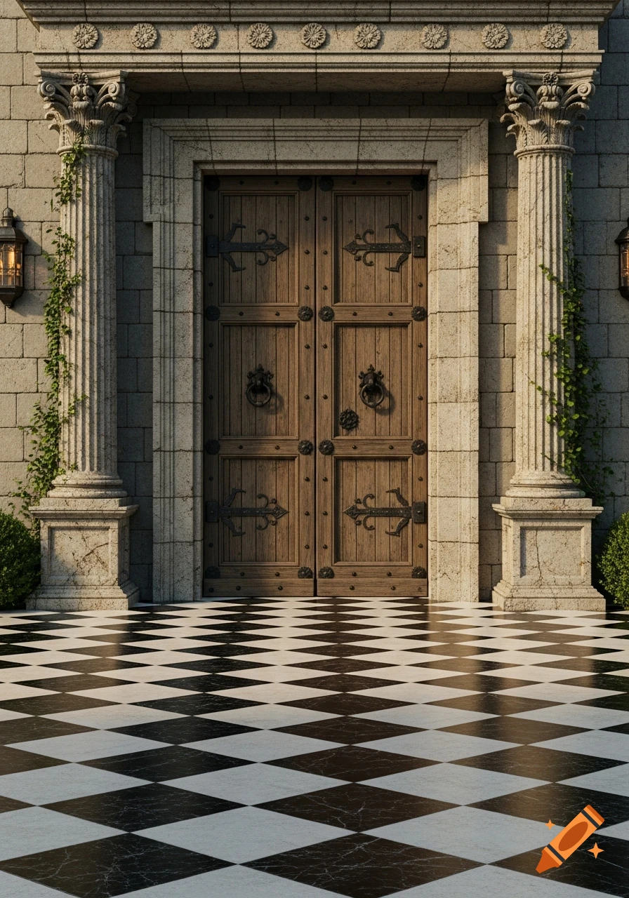 A grand wooden door flanked by ornate stone columns, set against a stone wall, leading to a black and white checkered floor.