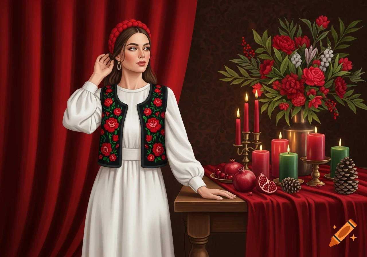 A woman in a white dress and a black vest with red floral embroidery, wearing a red headband, stands next to a wooden table with a red tablecloth. The table is adorned with red and green candles, pomegranates, and pine cones, set against a rich background of red velvet curtains and a floral arrangement in a vase.