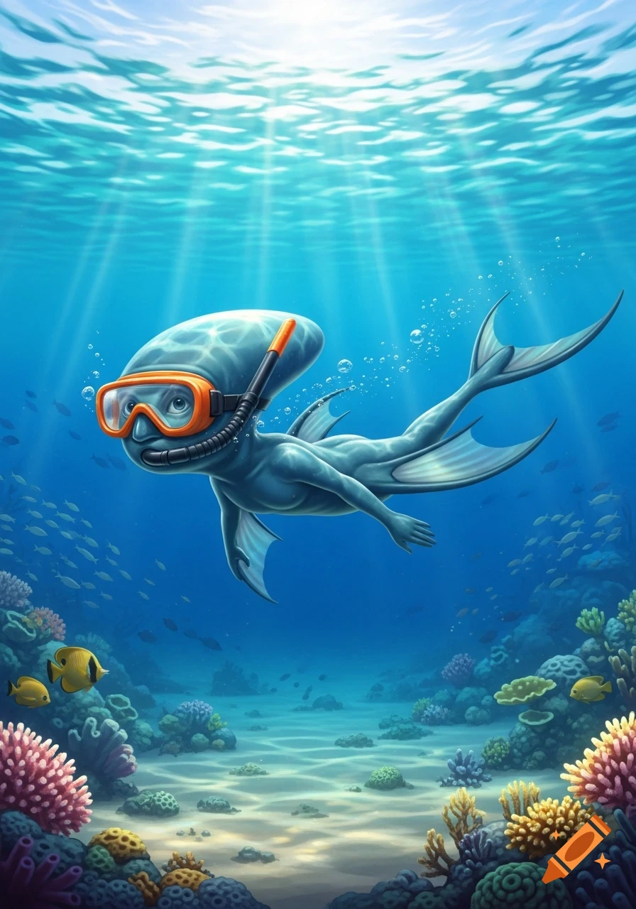 A blue, oval-headed creature with fins and a tail, wearing orange snorkel goggles, swims among vibrant coral and fish underwater.