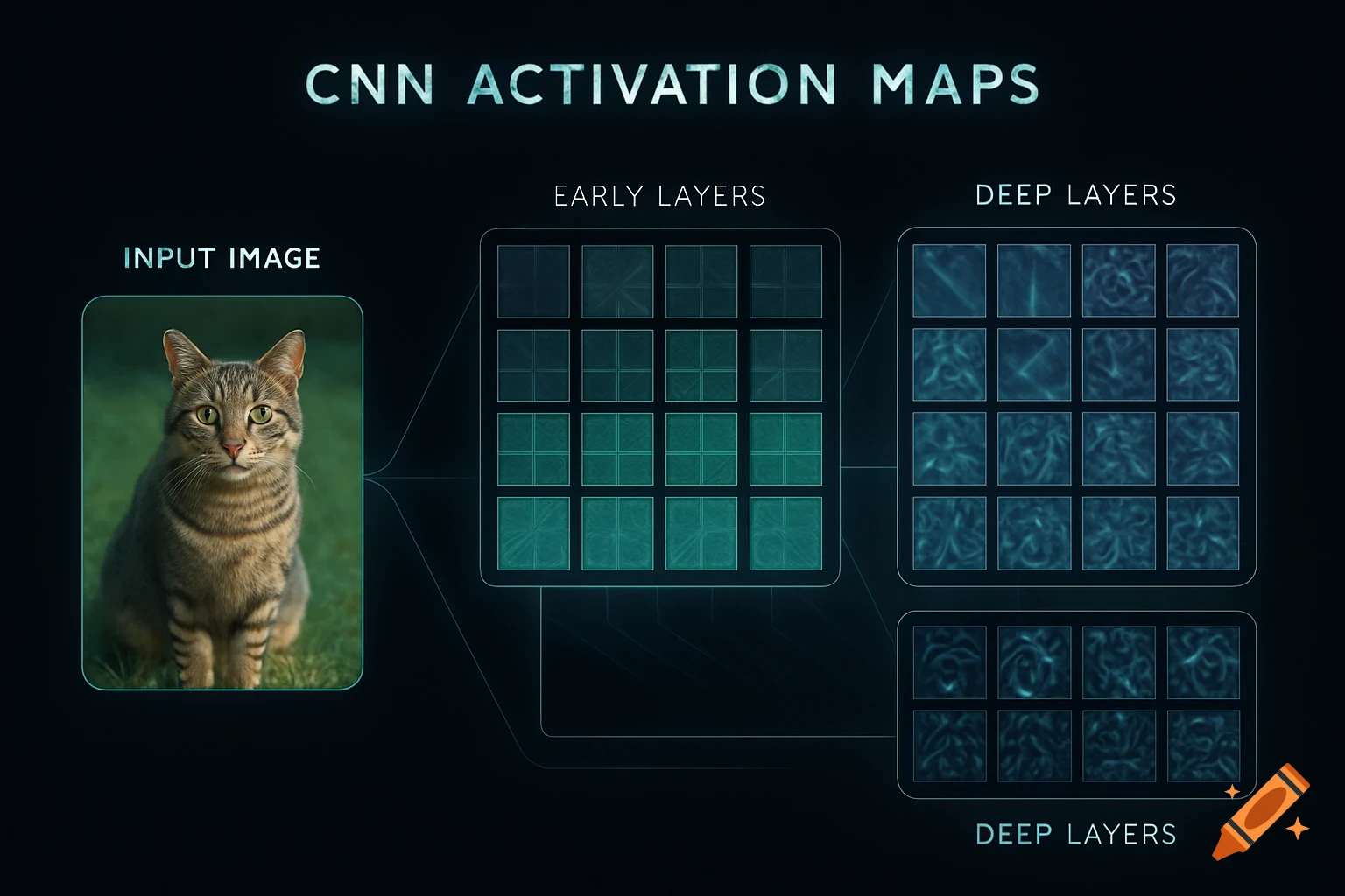 Scientific diagram illustrating CNN activation maps with a tabby cat input image and abstract feature maps from early and deep layers.