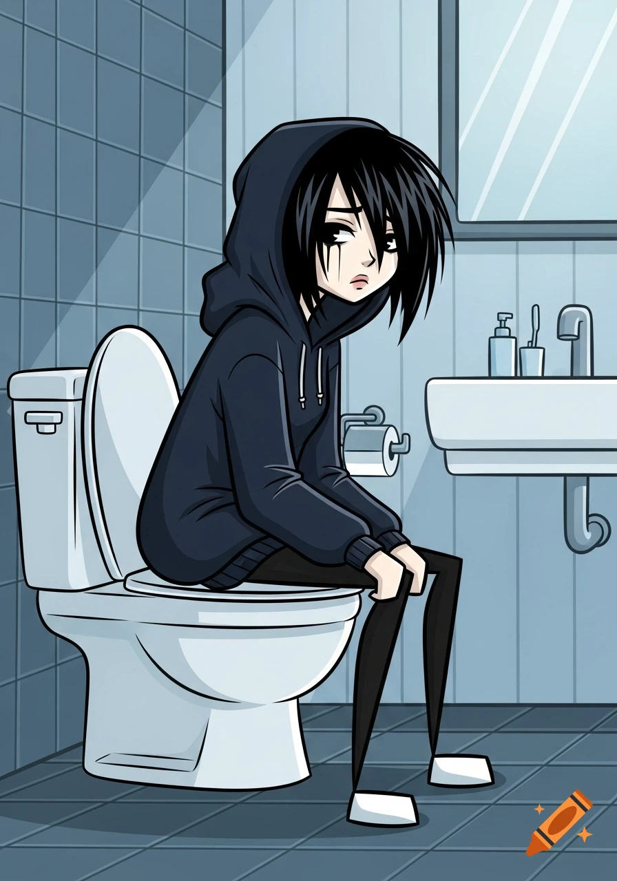 A melancholic emo cartoon teen in a hoodie sits on a toilet in a tiled bathroom.