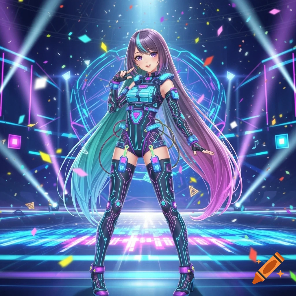 An anime girl in a glowing futuristic outfit poses on a neon-lit stage with falling confetti.