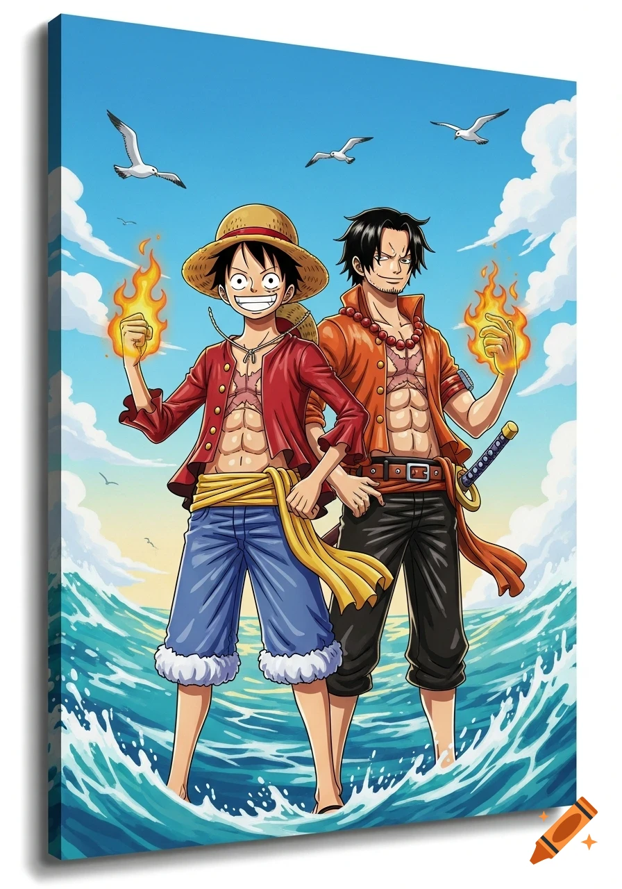 Anime illustration of Luffy and Ace from One Piece standing in the ocean, holding flames, under a blue sky.