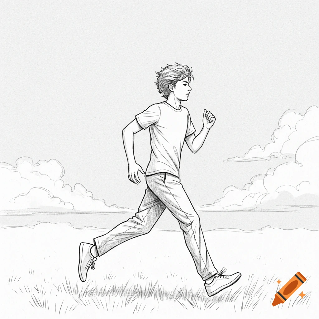 A black and white pencil sketch of a healthy teenage boy running outdoors with energy in a dynamic pose.