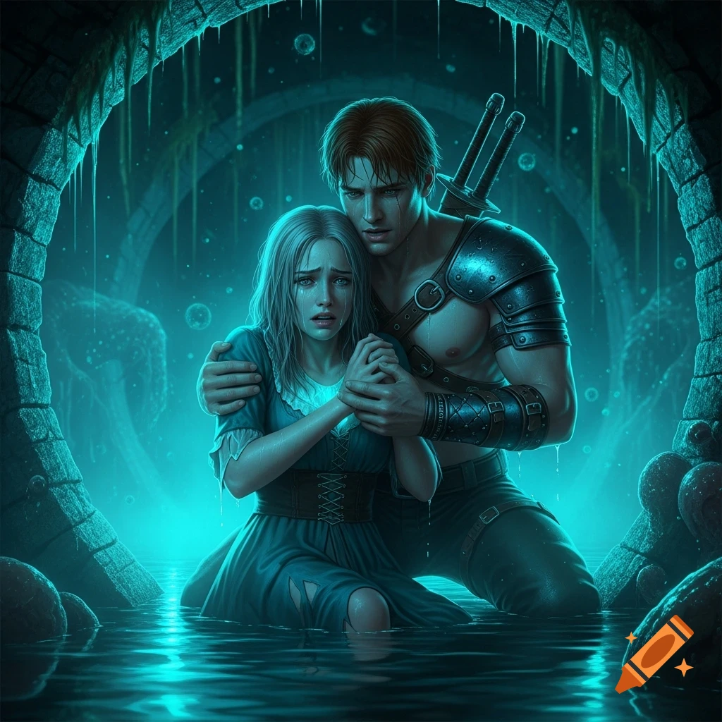 A man in armor holds a crying woman in a torn dress, both knee-deep in glowing cyan water inside a dark, ancient-looking sewer tunnel.