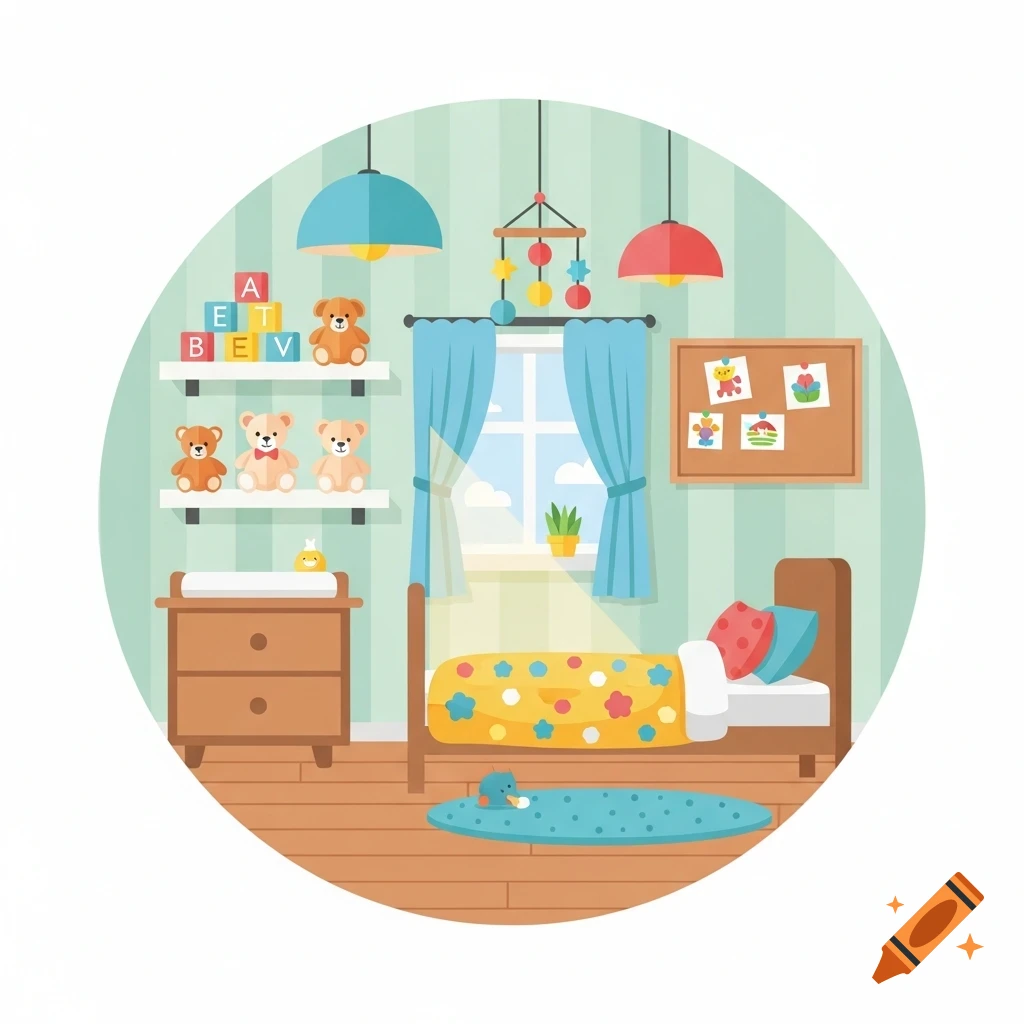 Flat design illustration of a tidy child's bedroom with a bed, shelves of teddy bears and alphabet blocks, a changing table, and a window.