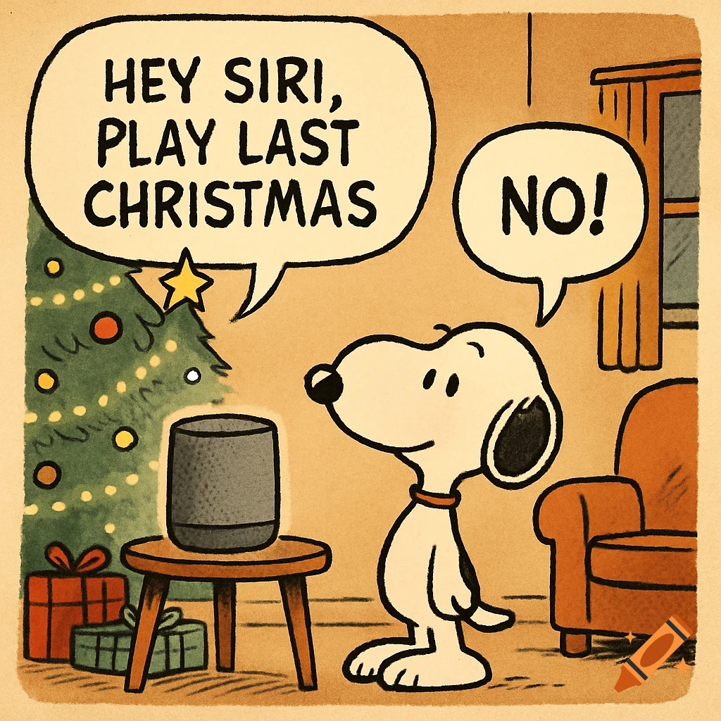 Snoopy asks a smart speaker to play 'Last Christmas,' which replies 'No!' in a comic drawing of a cozy Christmas living room.