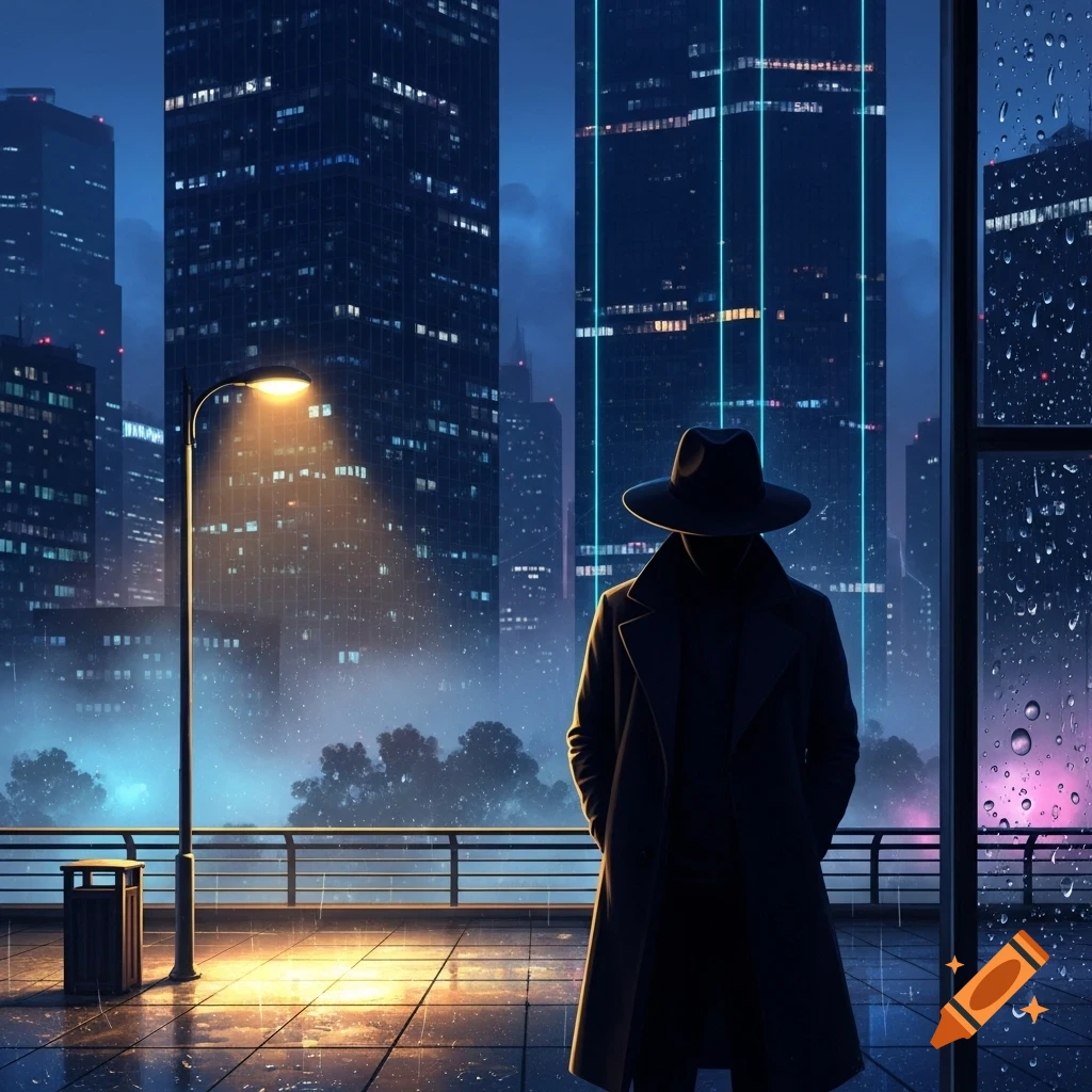 A figure in a trench coat and fedora stands on a rainy city balcony at night, lit by a streetlamp, overlooking a neon skyscraper city.
