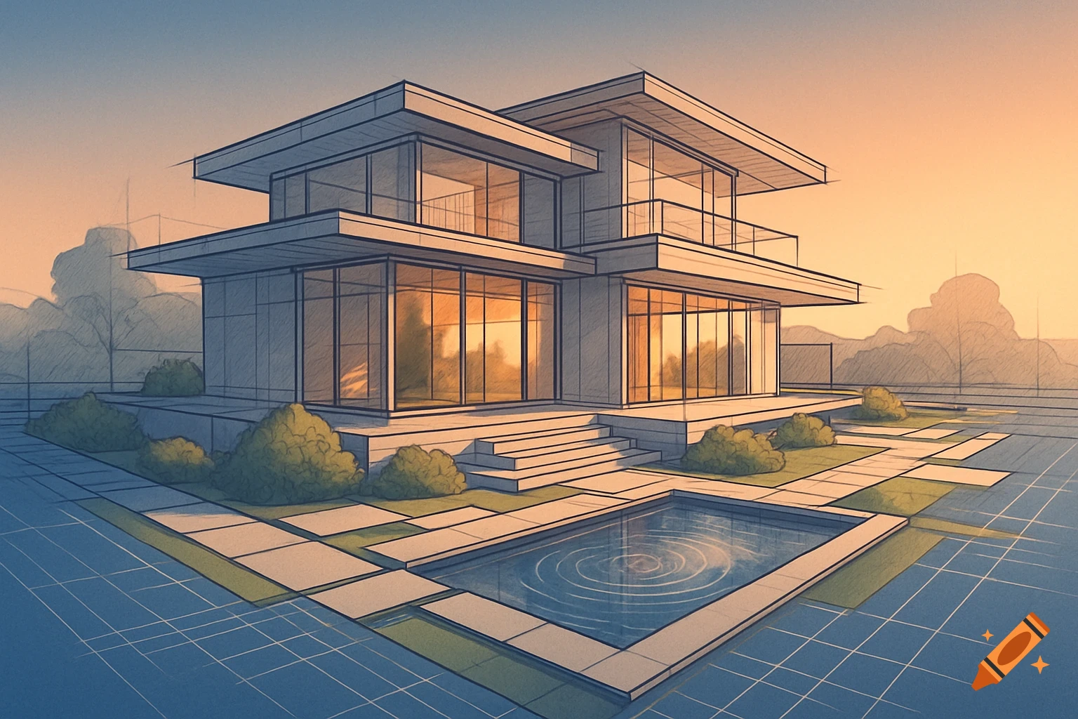Architectural sketch of a modern, multi-story house with large windows, a pool, and landscaping under an orange sky, with grid lines.