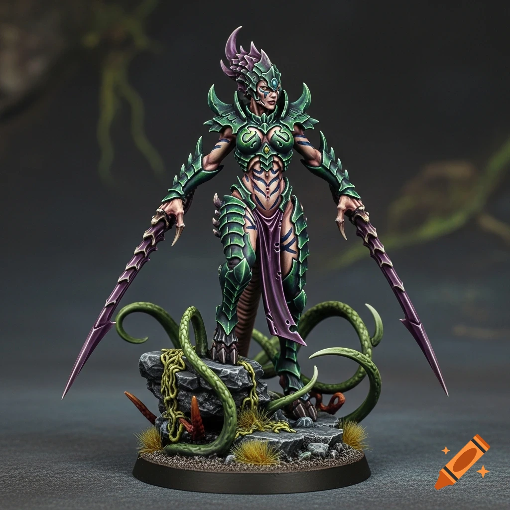 A detailed tabletop miniature of a female warrior with green-purple insectoid armor and two pointed blades, standing on a rocky base with vines.