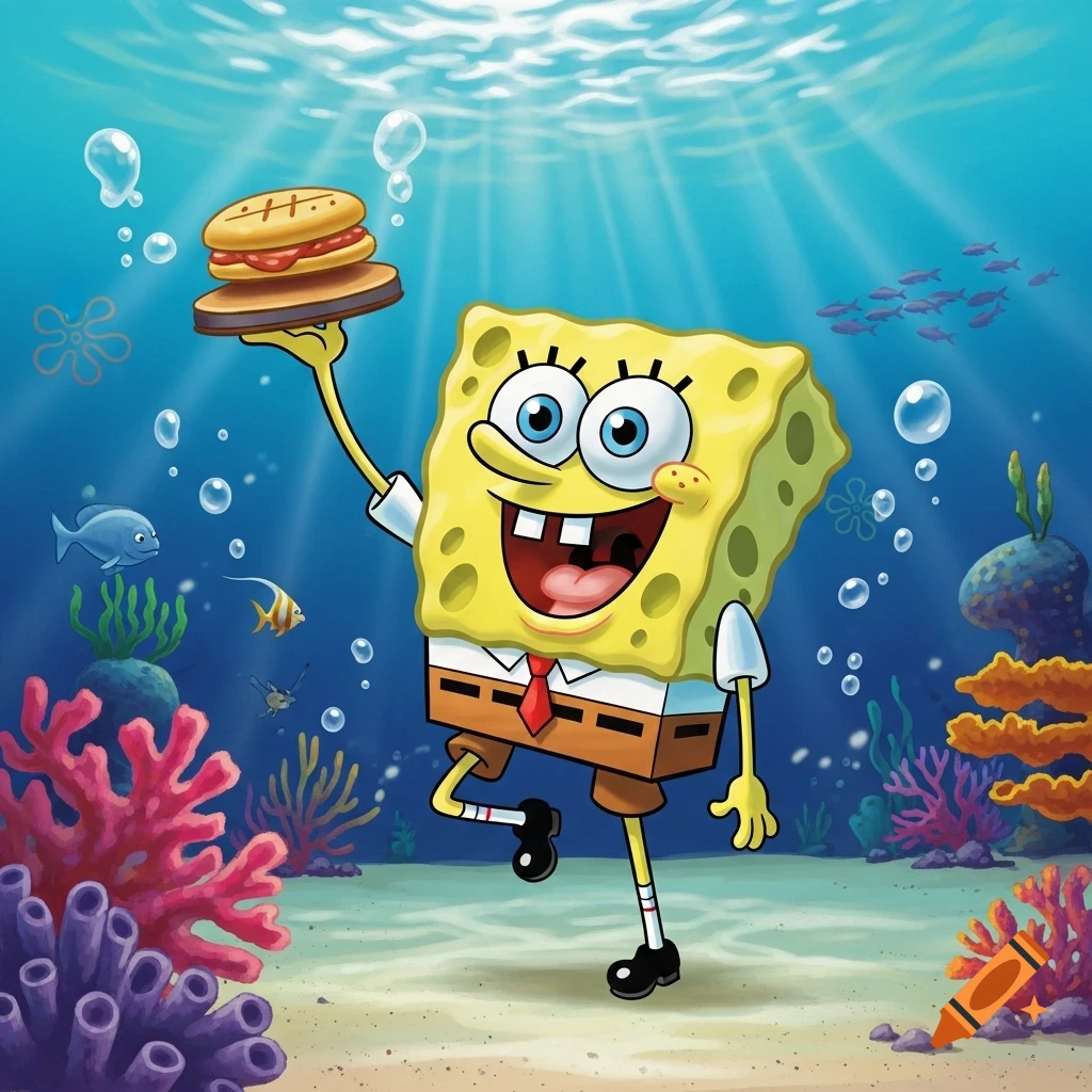 Spongebob Squarepants holding a Krabby Patty underwater with coral and fish in a vibrant cartoon style.