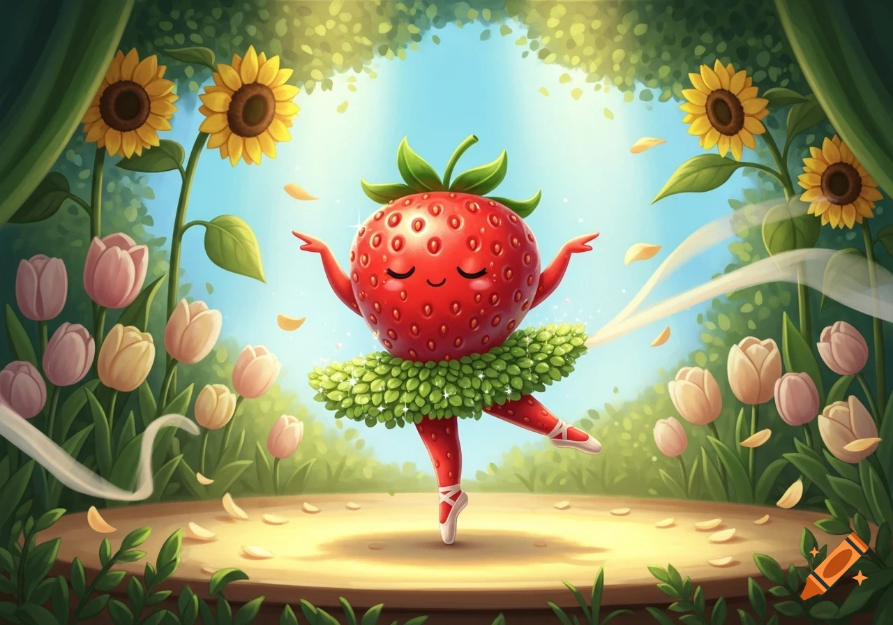 A whimsical cartoon strawberry ballerina with a leafy tutu dancing on a stage in a garden with sunflowers and tulips.
