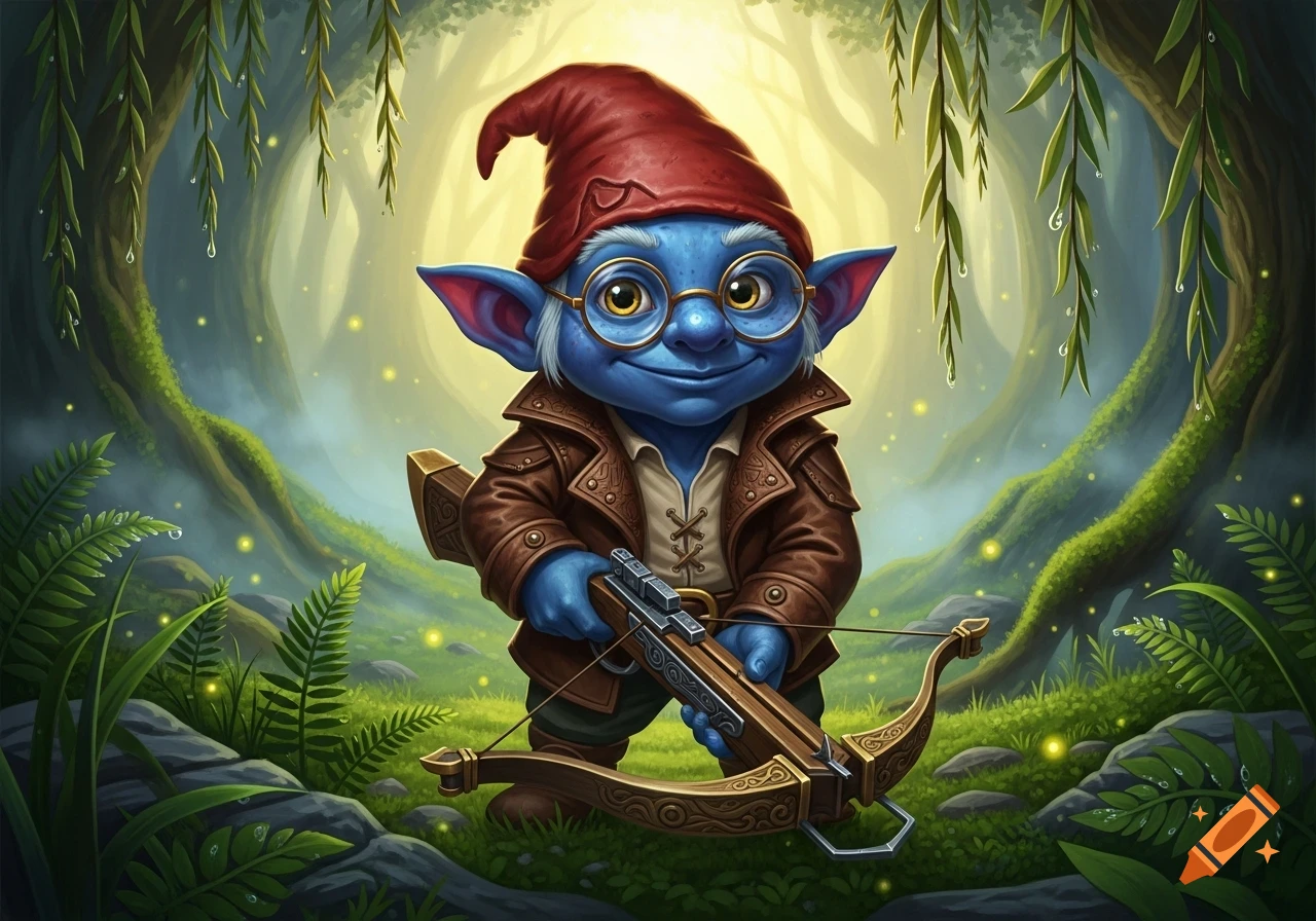 A blue fantasy gnome with a red hat, glasses, and leather jacket, holding a crossbow in a magical, misty forest.