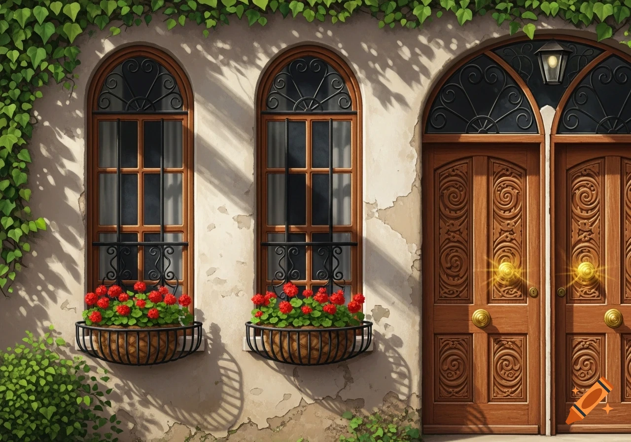 A rustic building facade with two arched windows, flower boxes, and a carved wooden double door, adorned with ivy under dappled sunlight.