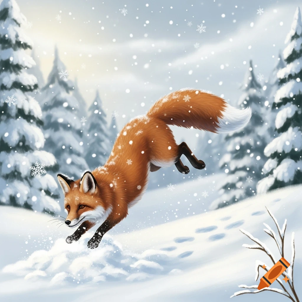 A cute orange fox with white markings jumps into a pile of snow in a ...