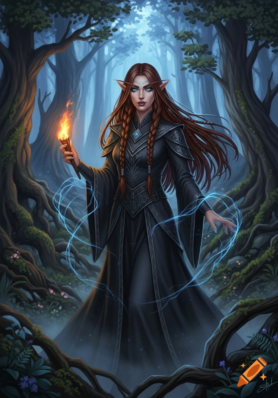 An elf with long auburn braided hair and blue eyes stands in a dark forest, holding a torch and casting blue magic.