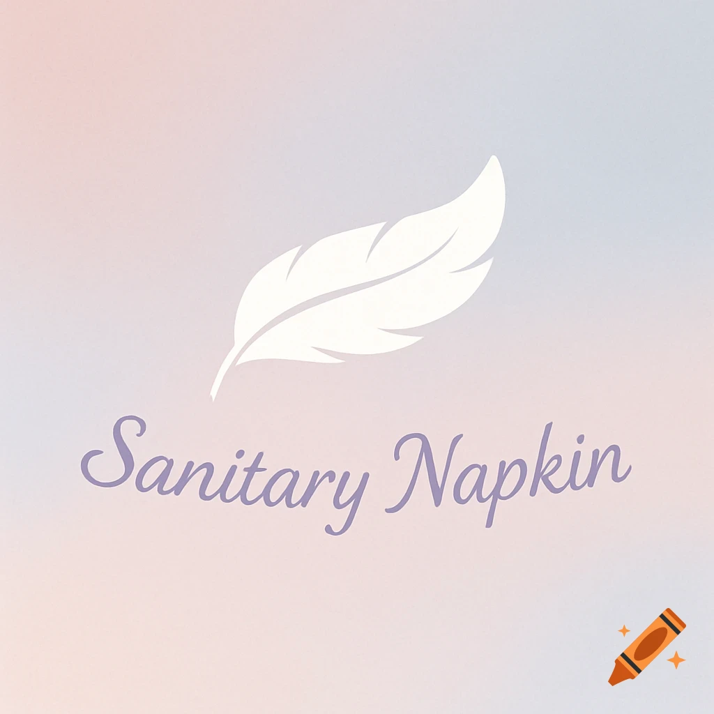 A minimalist logo with a white feather above purple script text that reads "Sanitary Napkin" on a soft pink and blue gradient background.