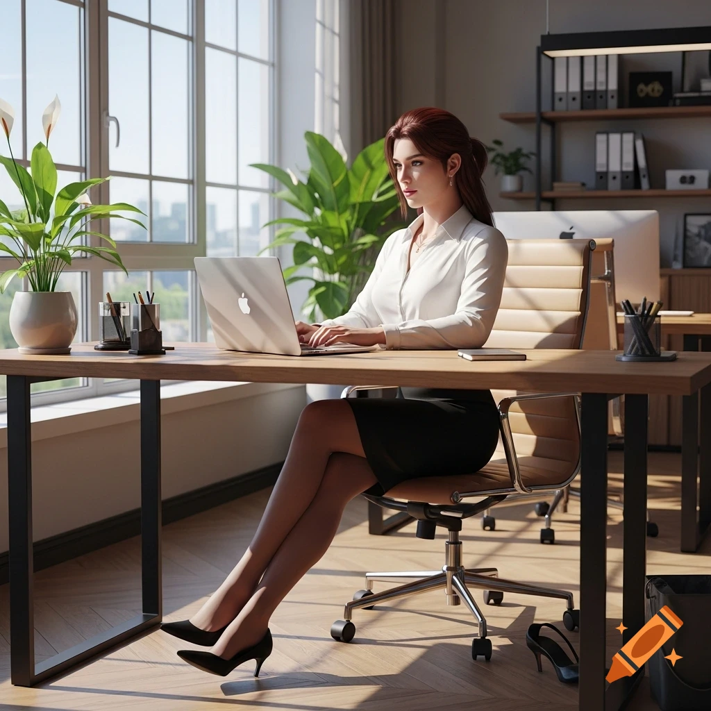 Photorealistic image of a woman with auburn hair in a white blouse and black pencil skirt, typing on a laptop at a modern office desk with plants and large windows.