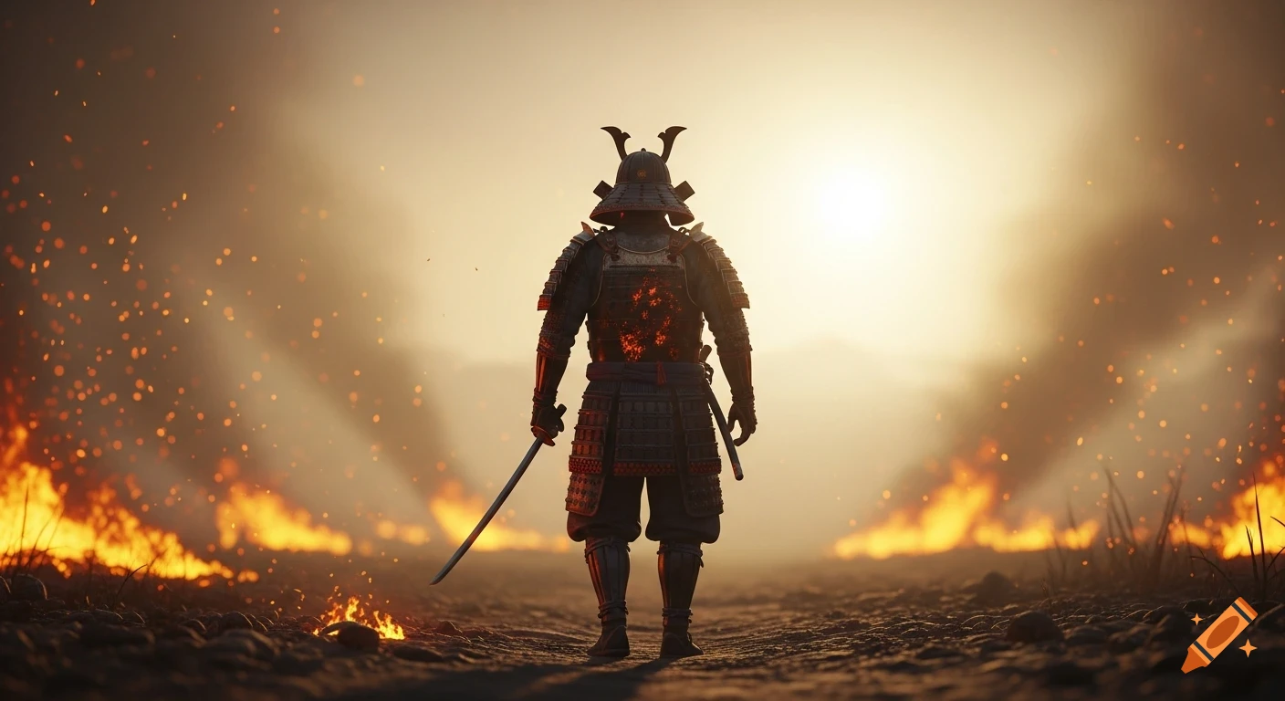 A lone samurai in damaged armor stands on a burning battlefield at dawn, backlit by dramatic golden light.