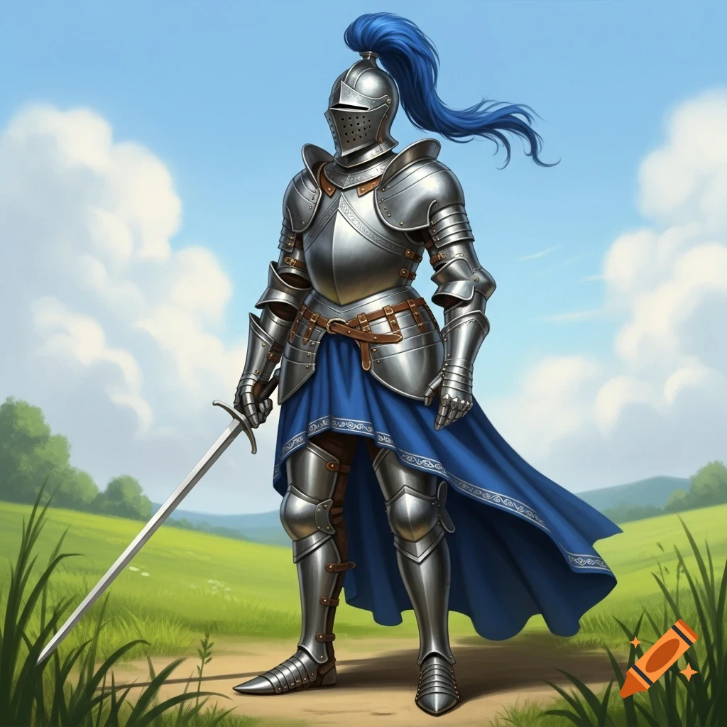 A knight in shining silver full plate armor with a long blue helmet plume and a deep blue skirt, holding a sword, stands in a green field under a blue sky.