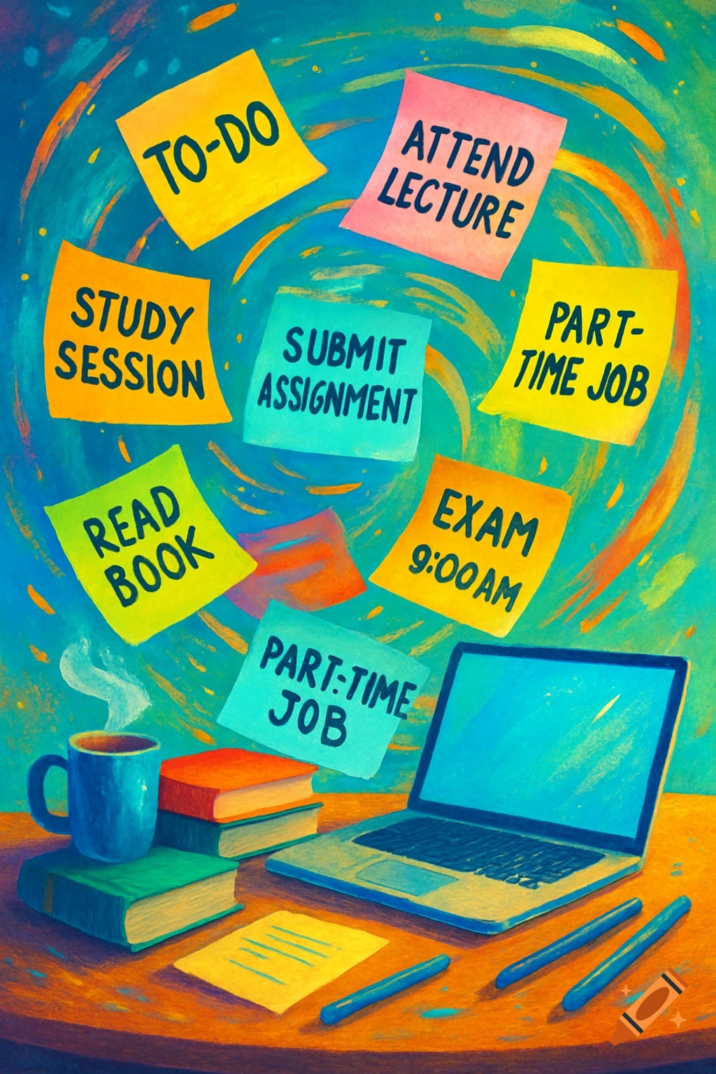 A vibrant painting of a student's desk with a laptop, books, and a mug, surrounded by floating sticky notes listing academic tasks.