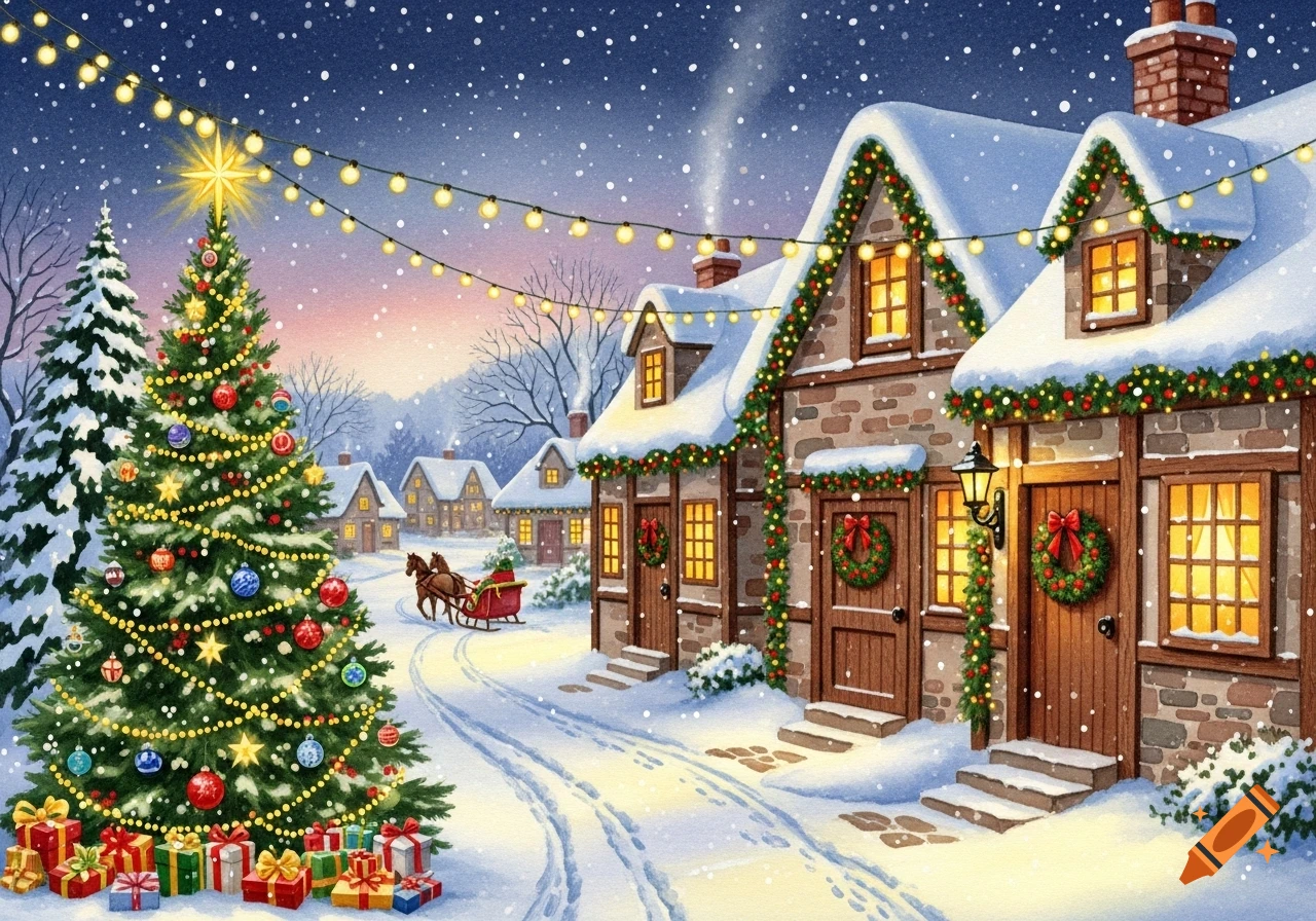 A charming watercolor illustration of a snowy Christmas village at dusk ...