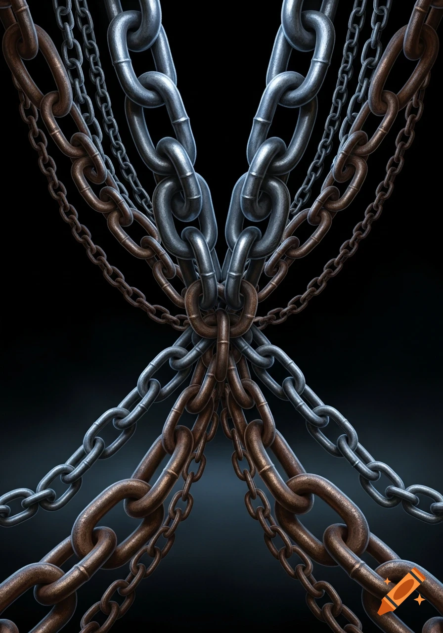 Close-up of intertwined grey and rusty brown metal chains against a dark background.