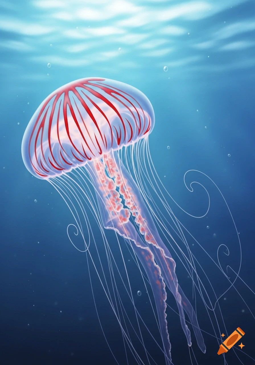 A translucent jellyfish with red stripes on its bell and trailing tentacles swims in a blue ocean with bubbles and light rays.