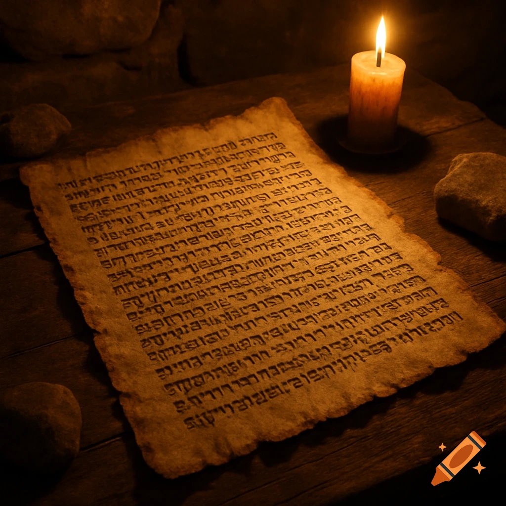 An old, parchment-like scroll with pseudo-Hebrew text, illuminated by a flickering candle on a wooden table in a dark, cave-like setting.
