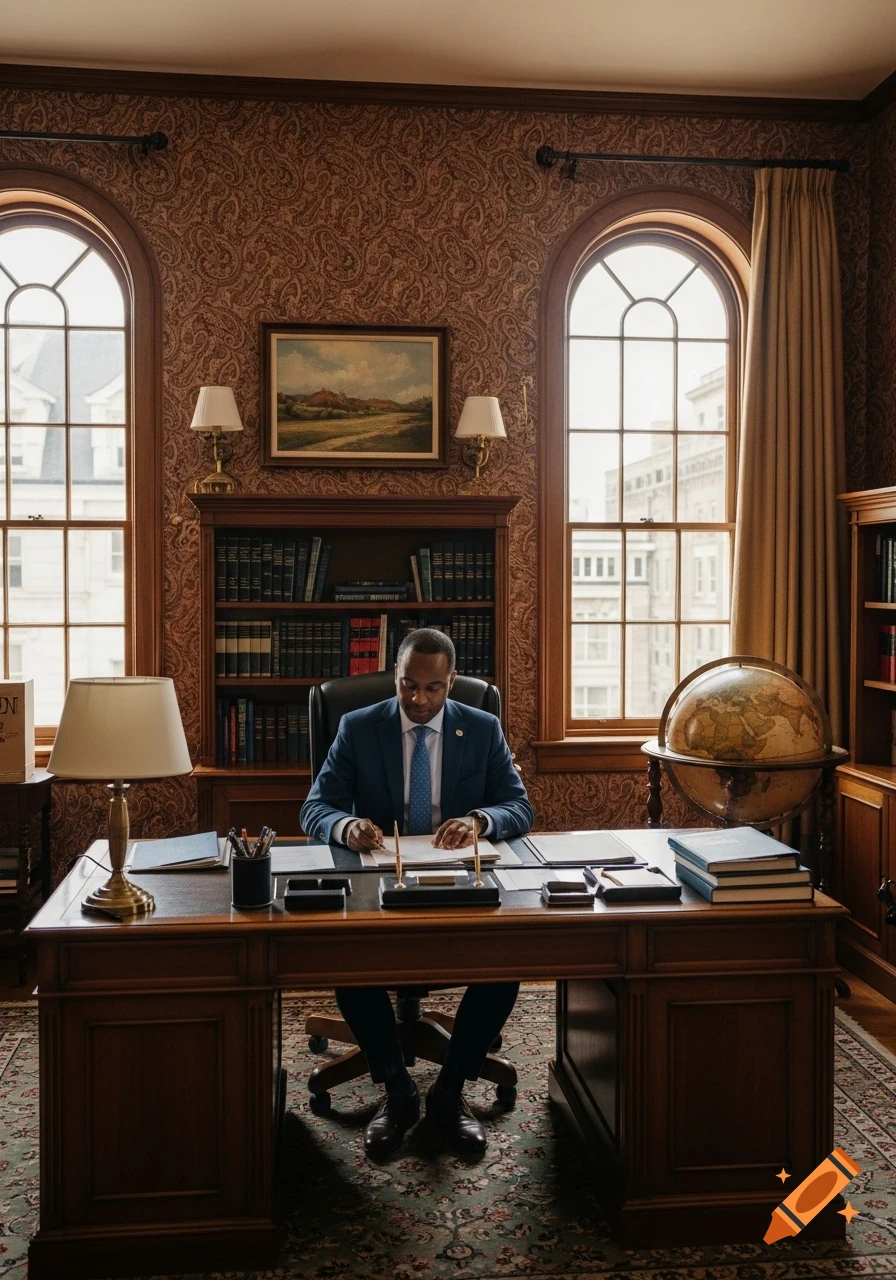 A man in a suit writes at a large wooden desk in a classic office with arched windows, bookshelves, and a globe.
