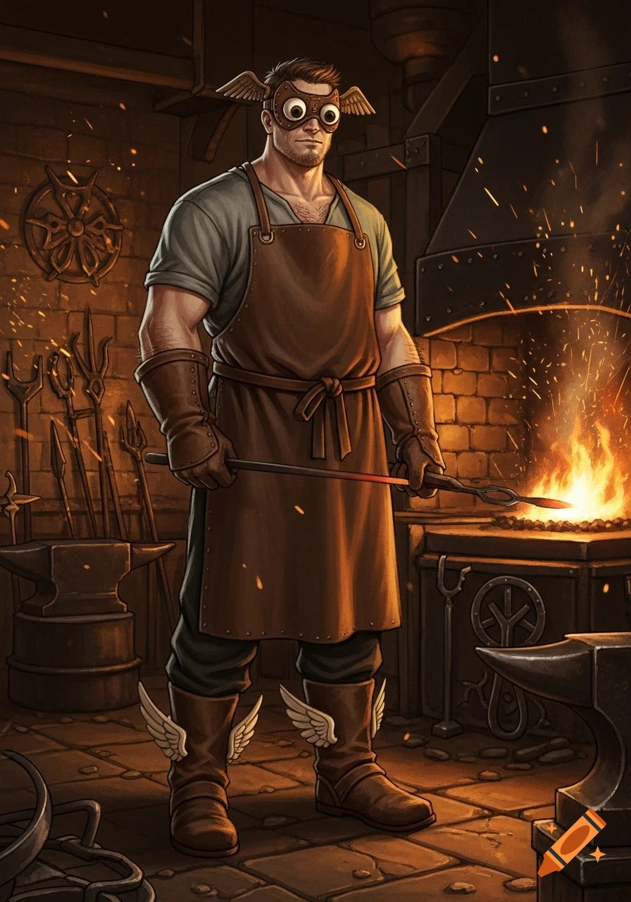 A brown-haired man in a blacksmith's apron and a winged googly-eye mask stands in a forge, holding a hot metal rod over a fire.