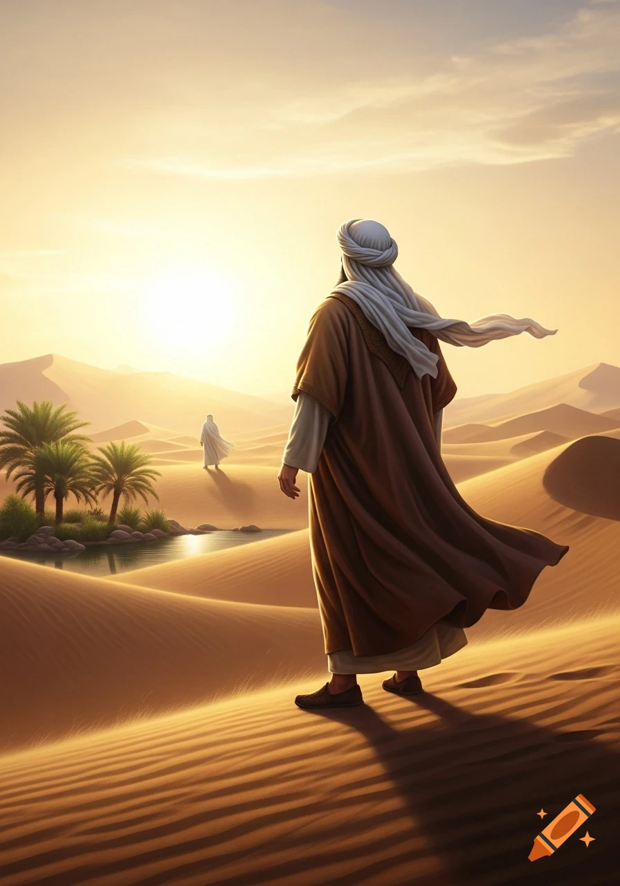 A man in traditional robes stands on a sand dune, looking at another figure in a sunny desert oasis with palm trees.